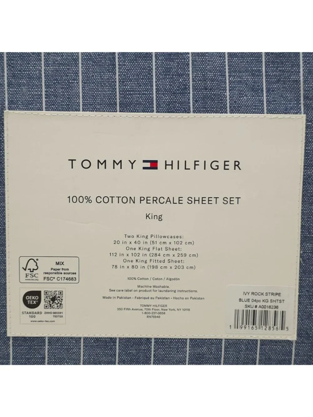 Tommy Hilfiger 100% Cotton Percale King Sheet Set Blue Stripe 4-Piece Denim Blue